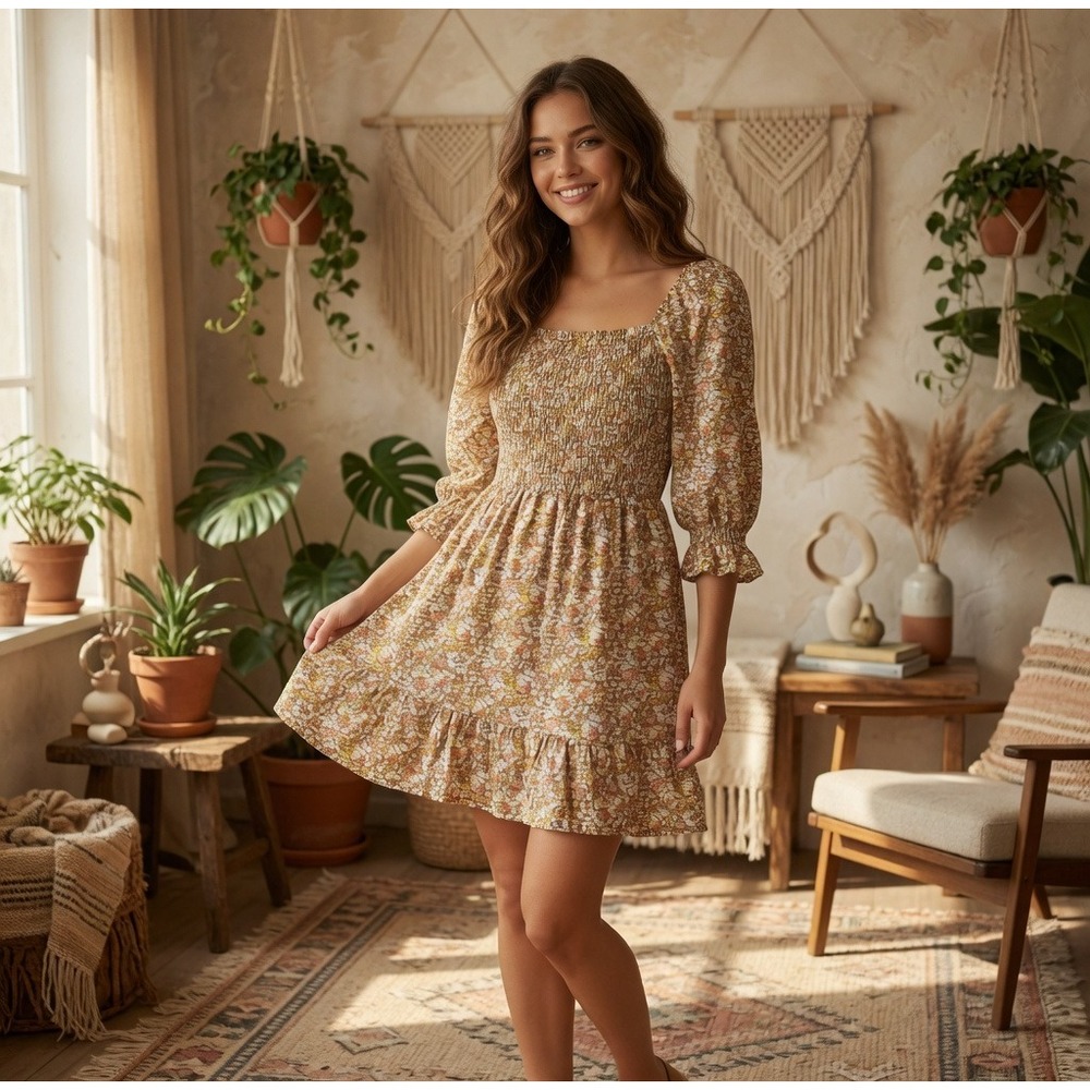 Sim & Sam Brown Floral Smocked Cotton Mini Dress Square Neck 3/4 Sleeve Small